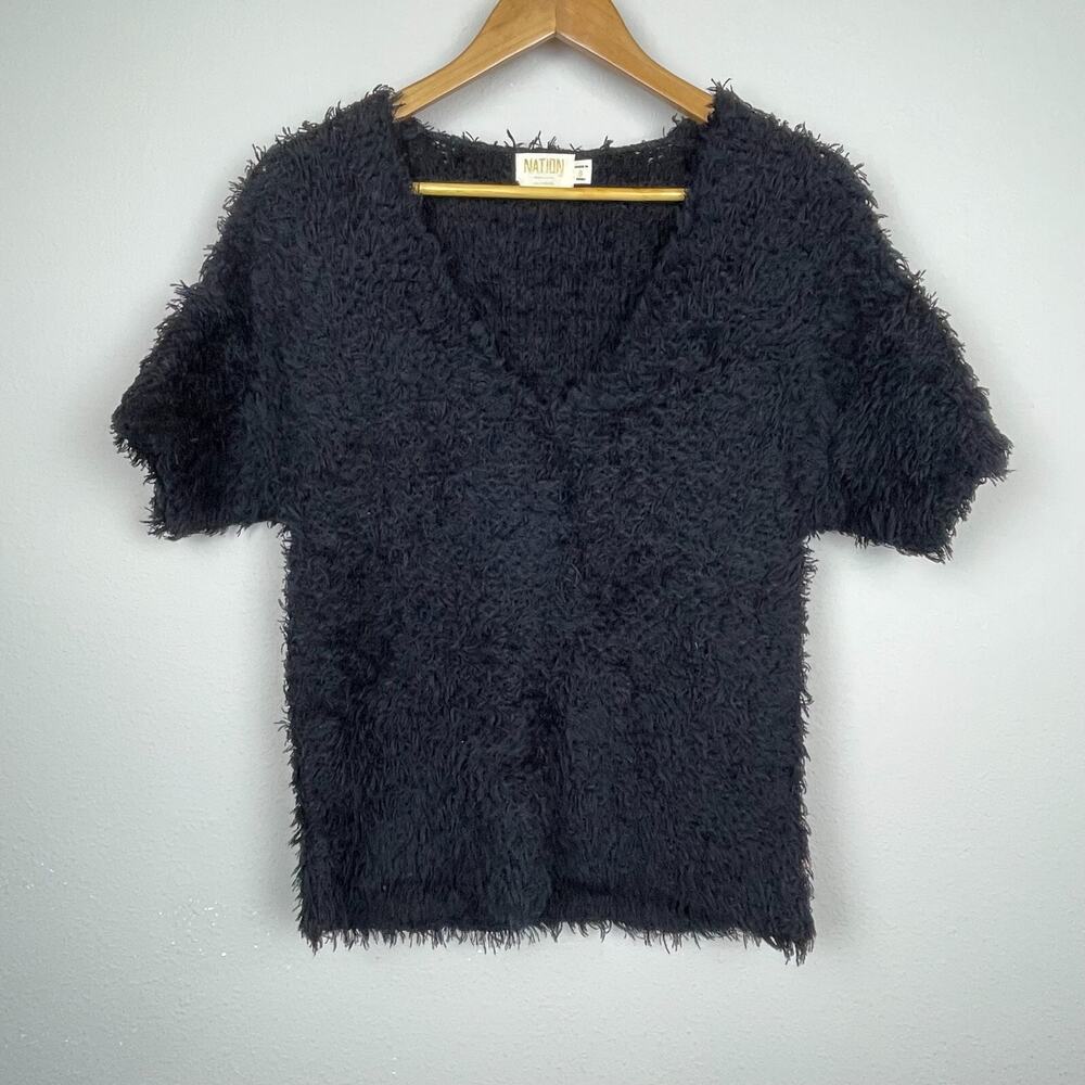 Nation Ltd Los Angeles Size S Black Faux‎ Fur V-Neck Shaggy Cotton Top